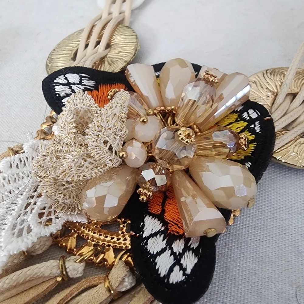 Unique Ivory Cord Multi Media Necklace AB Glass Earrings Set Gold - Image 5