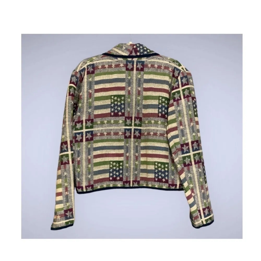 Vintage New Identity Patriotic Flag & Stars Tapestry Cropped Cotton Jacket Large Green - Image 2