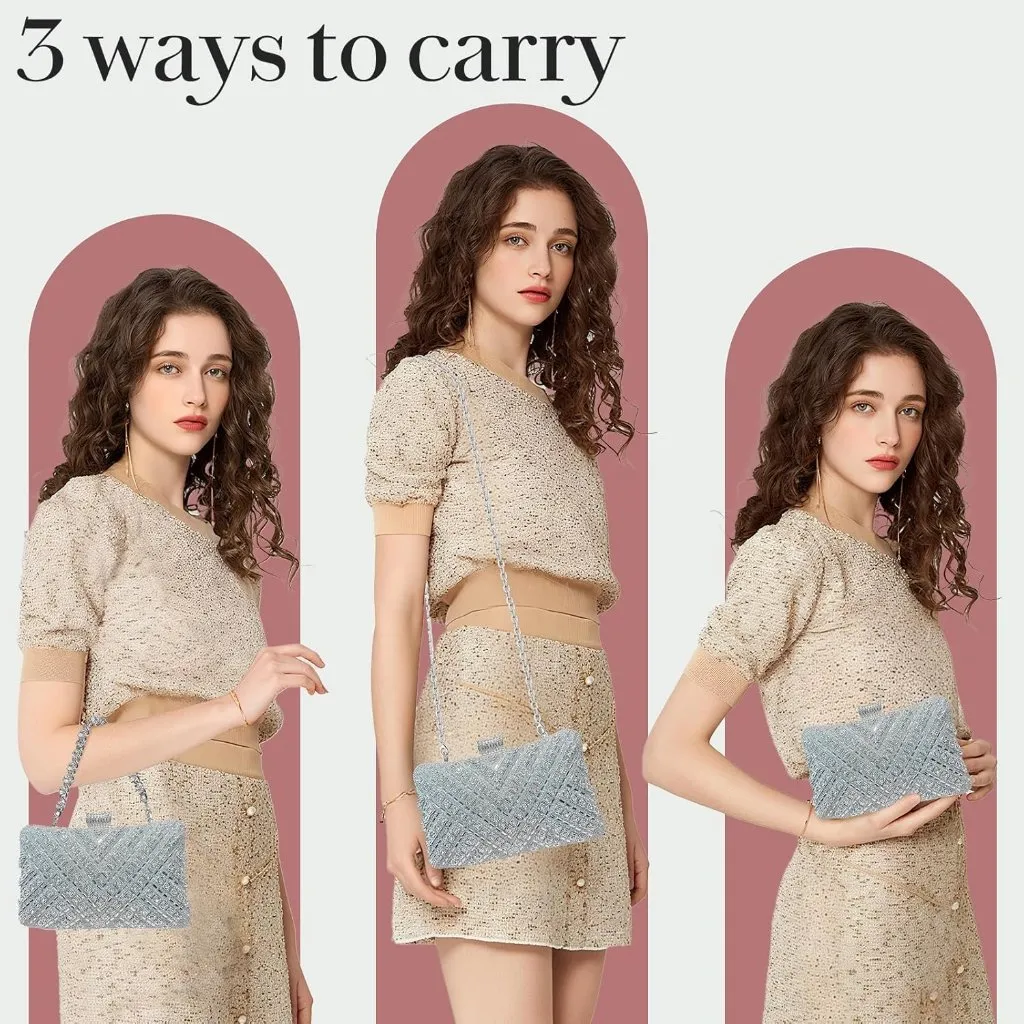 ⚡Women's Silver Evening Sparkly Shoulder Crystal Clutch Bridal Party Wedding Bag - Image 3
