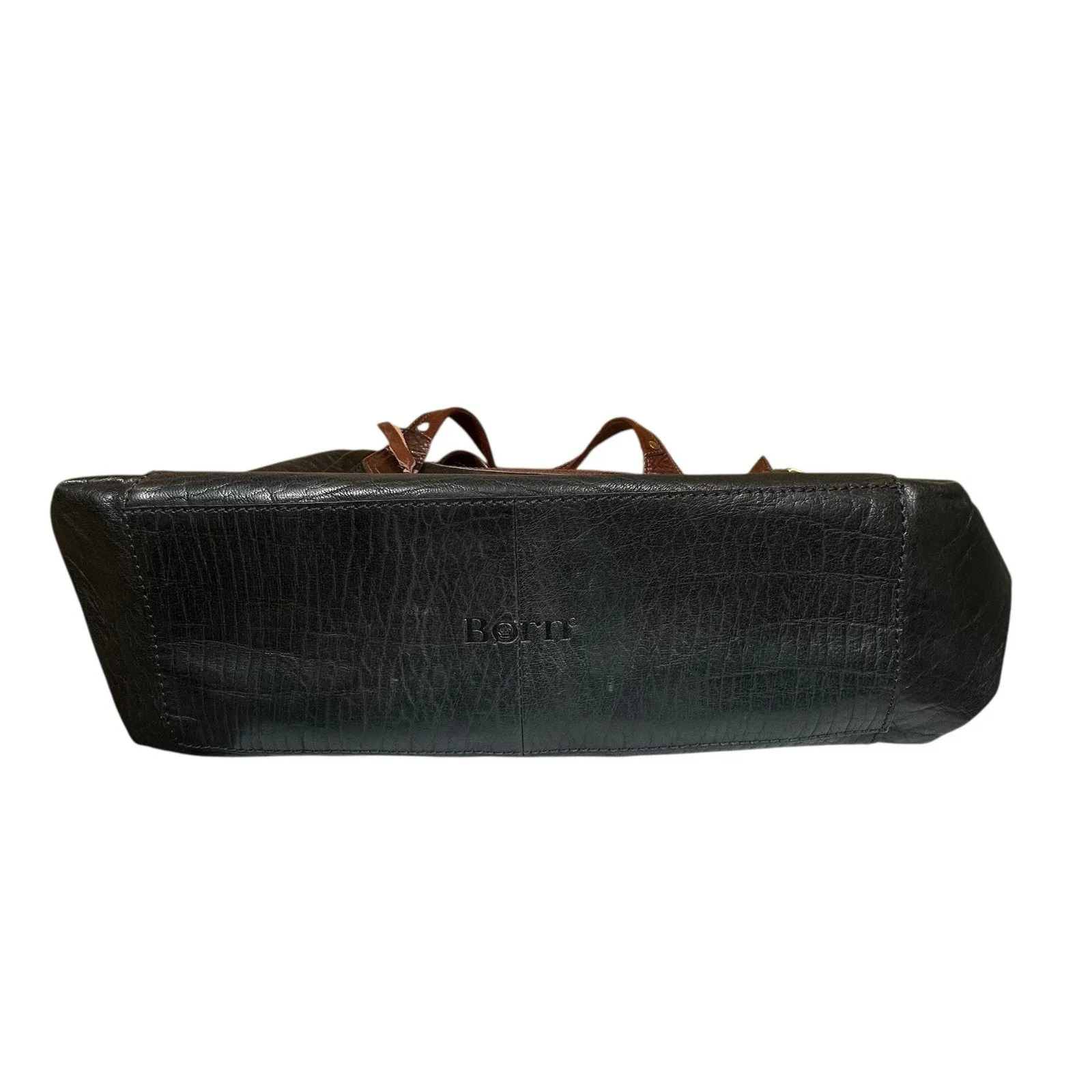 BORN Black Leather Brown Trim Satchel Handbag Purse Double & Long Handle Large - Image 5