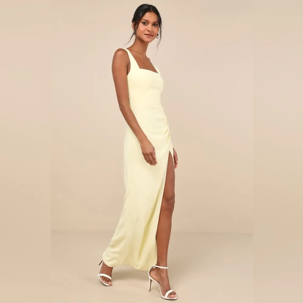 LULU’S Glamorous Disposition Light Yellow Ruched Maxi Dress - Image 4