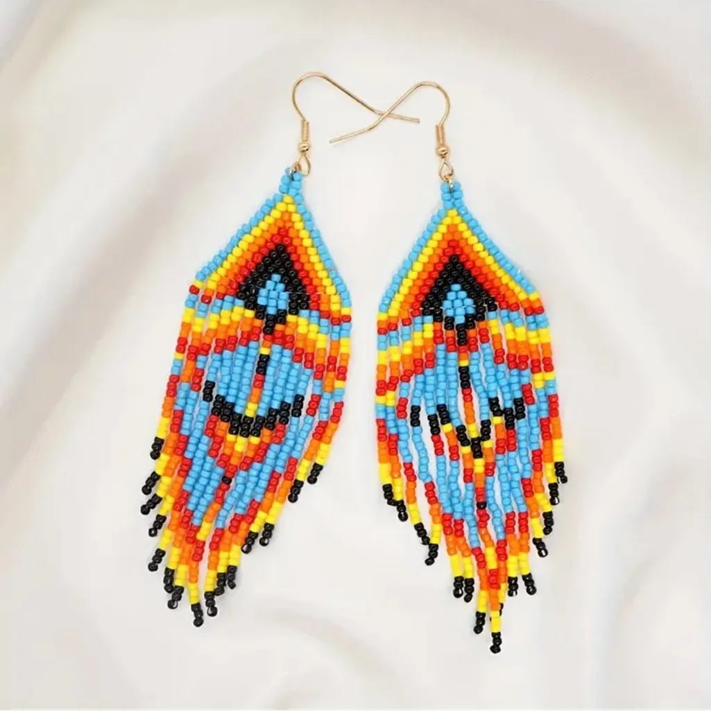 1 Pair Multicolor Bohemian Beaded Tassel Earrings Ethnic Tribal‎ Style Blue - Image 10