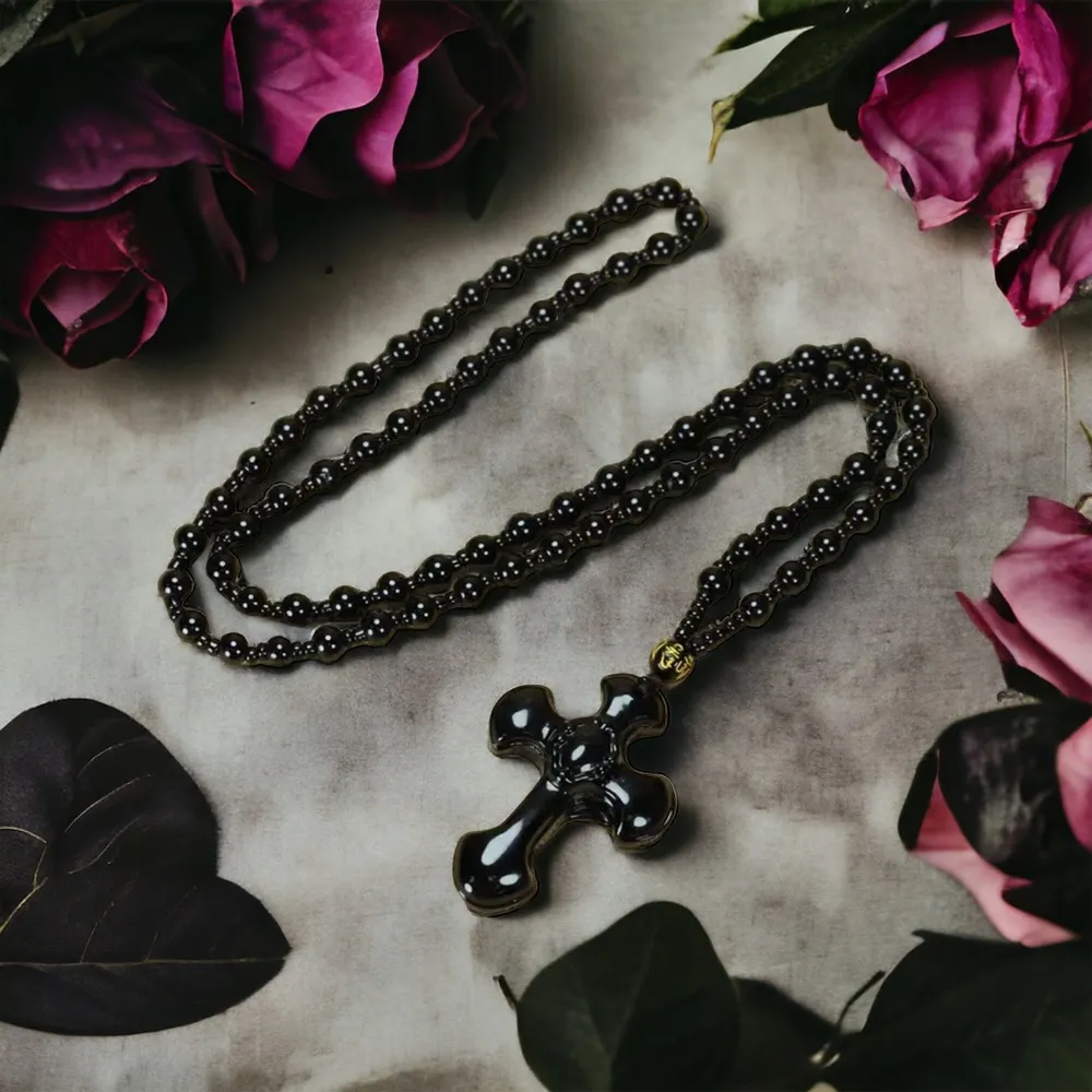 1pc Classic Religious Style Christian‎ Cross Fashion Obsidian Pendant Necklace Black - Image 6