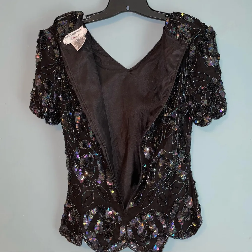 Papell Boutique Vintage Sequined Evening Top Silk Scalloped Hem Petite Medium - Image 8