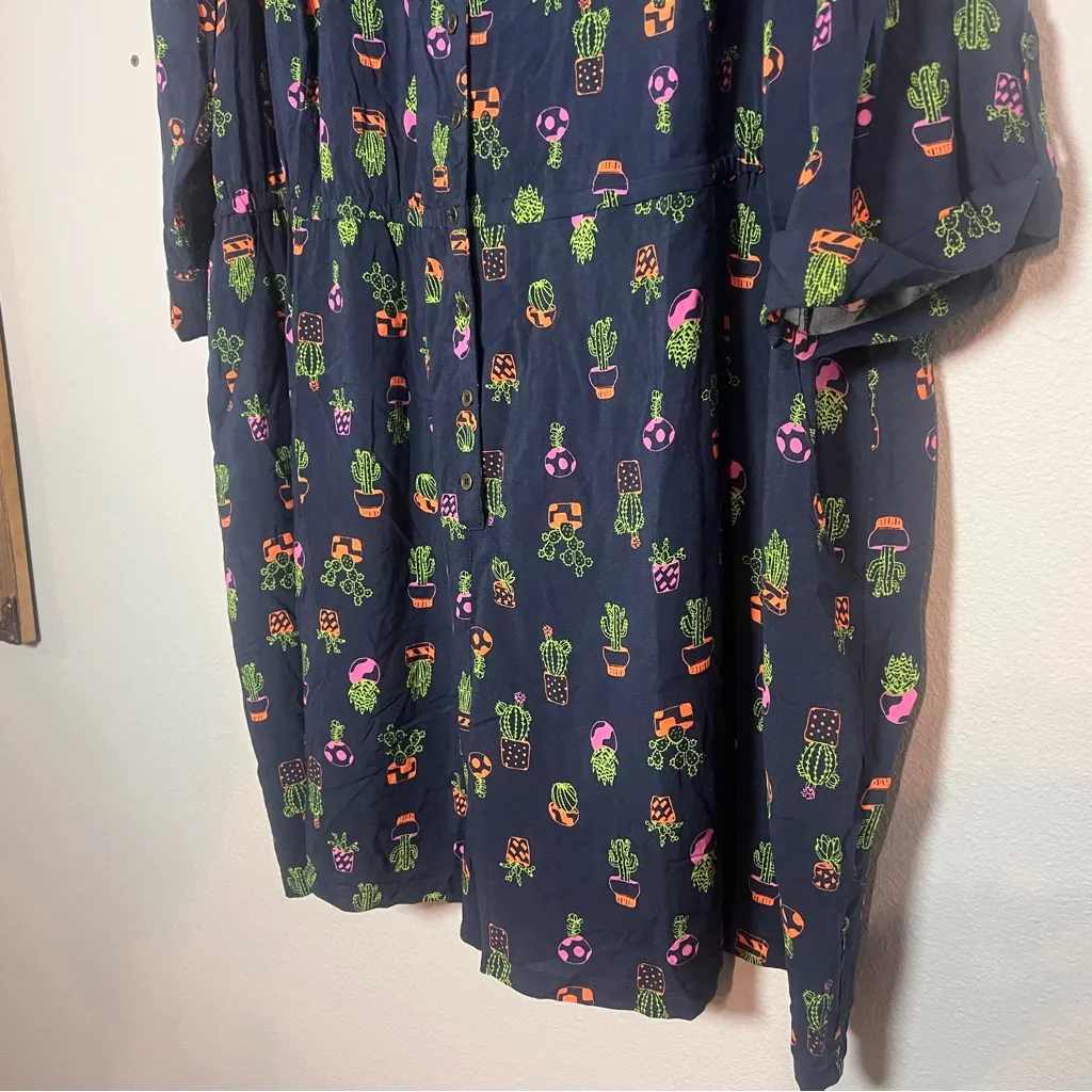 ModCloth Romper Cactus Plant Navy Blue Size 4X Long Sleeve Collared NWT - Image 4