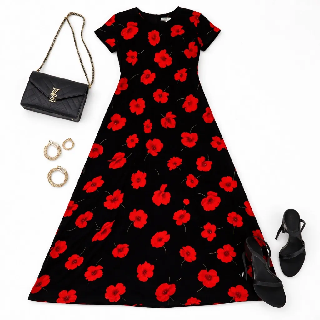 Valerie Stevens NWT Silk Maxi Dress Black Red Floral Poppy Size 12 Vintage Rare - Image 12