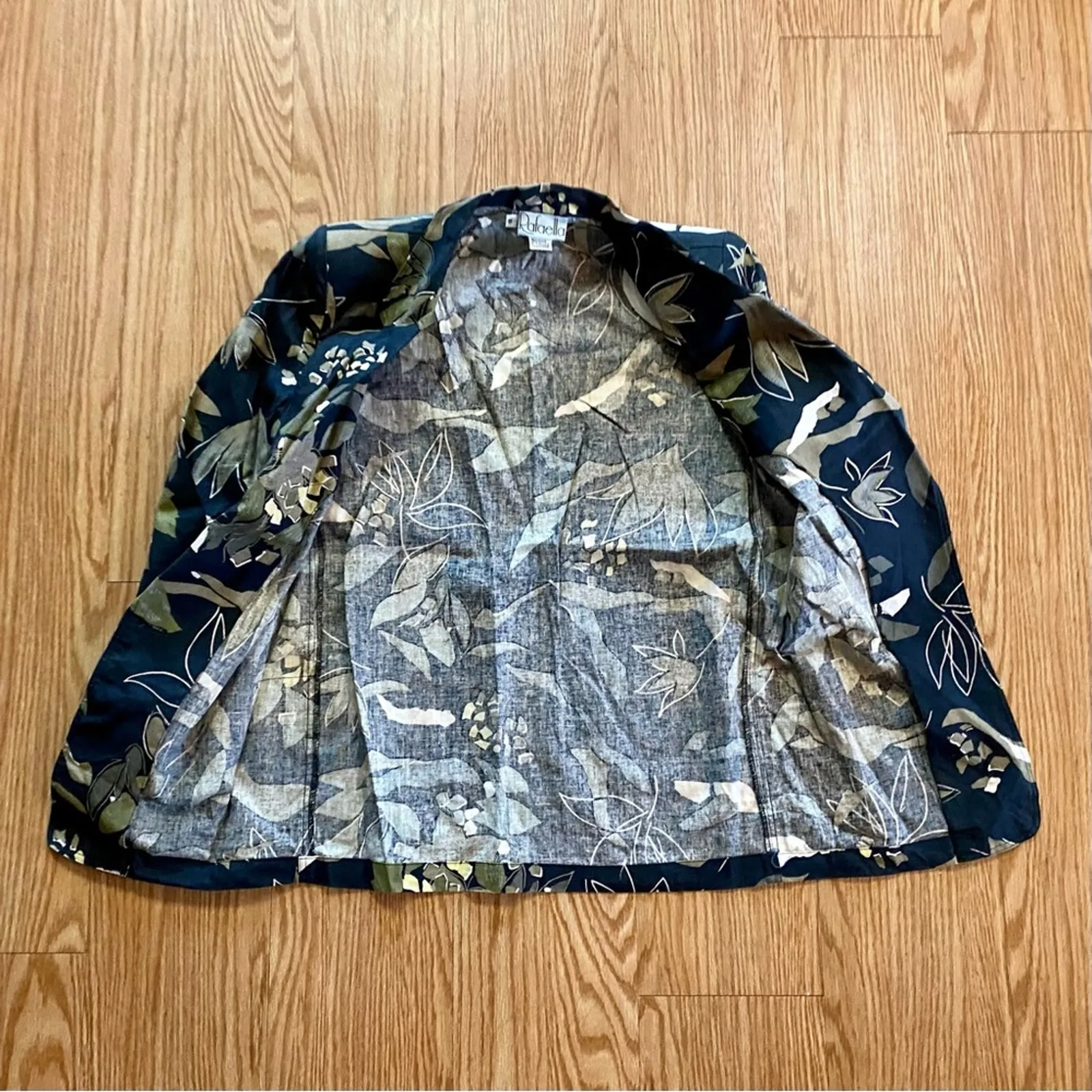 Rafaella Vintage Oversized Black Green Floral Ramie Blazer Womens 8 - Image 9