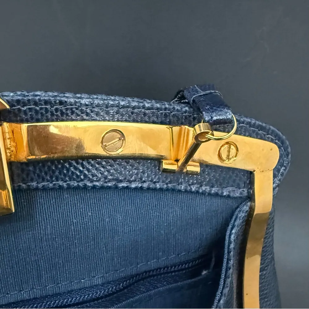 Vintage Navy Lizard Leather Goldtone Shell Gripoix Bead Clasp Evening Clutch Bag Blue - Image 13