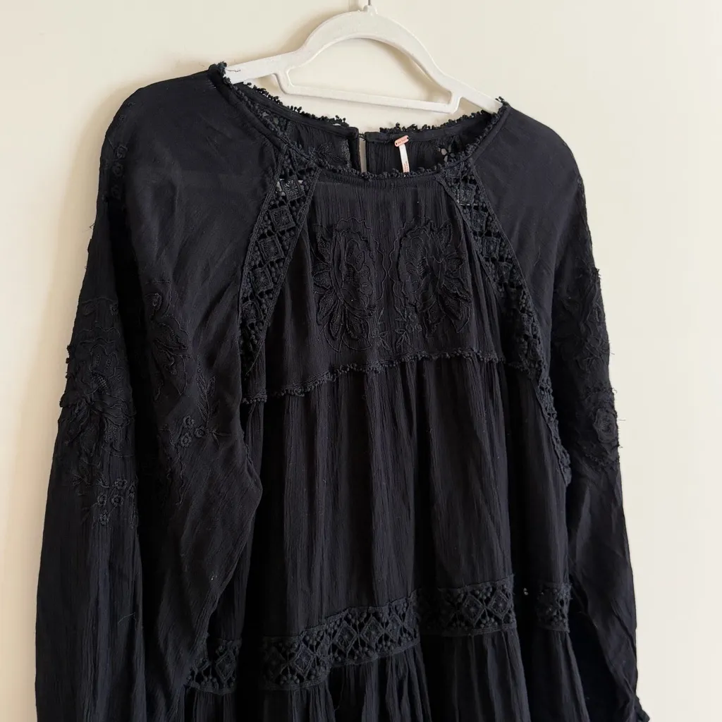 Free People Piece of Your Heart Embroidered Long Sleeve Mini Dress Black Size S - Image 6