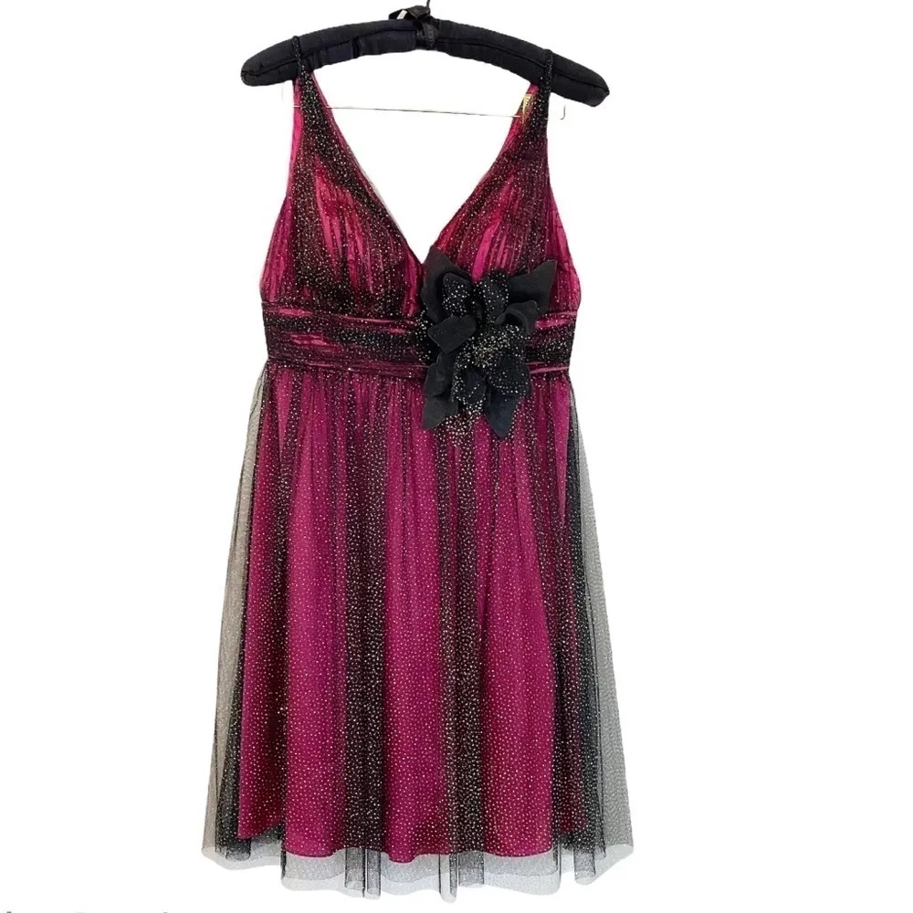 JOVANI Fuschia & Black Glitter Tulle Cocktail Dress Size 4 - Image 5