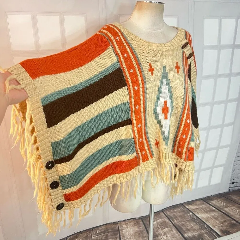 Mantos Eternity Multicolor Southwest Vibe Fringe Sweater Poncho One Size Orange Size undefined - Image 2