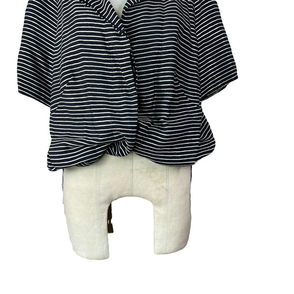 Akris Punto Top Blouse Short Sleeve Cinched Bungee Striped Black Gold Size US 12 - Image 4