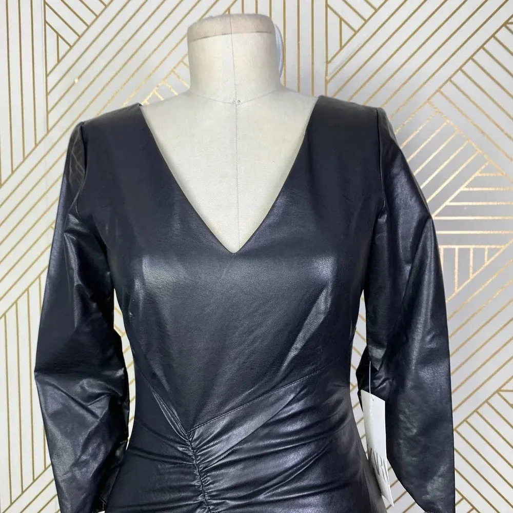 Zara Dress Faux Leather Ruched Draped V-Neck Mini Black Size US XS‎ - Image 3