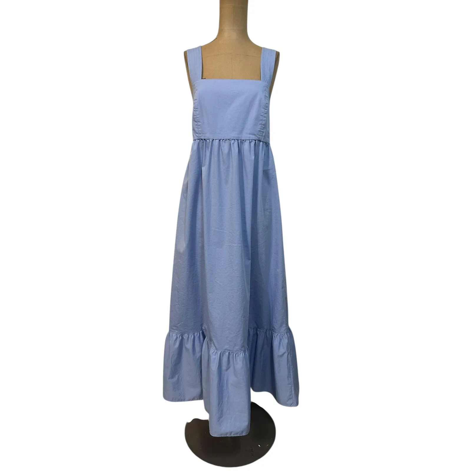 Boss Midi Dress Blue Stretch Twill Wide Crossover Straps Ruffle Skirt Size 10 - Image 6