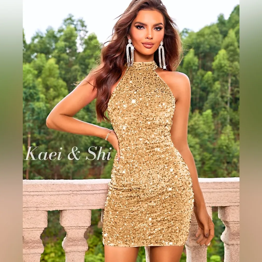 NWT Kaei&Shi Gold Sequin Velvet Halter Mini Dress Party Cocktail XL - Image 5