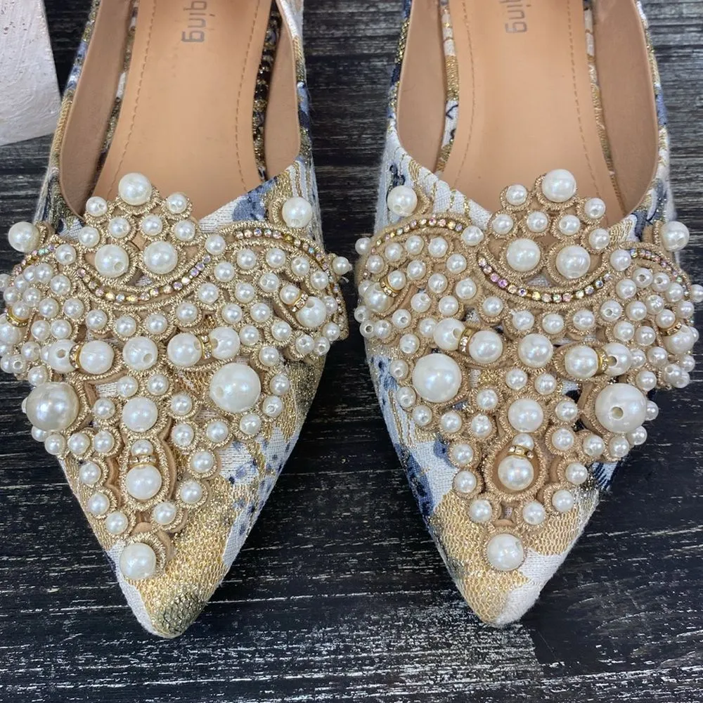 Zuyiqing Tan Pearl Embellished Brocade Flat Point Toe Ballet Shoes 40 8.5 Blue - Image 6