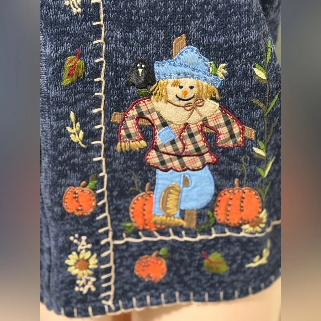 White Stag Zip Front Sweater Vest Scarecrow Embroidered Pumpkins Fall size large - Image 2