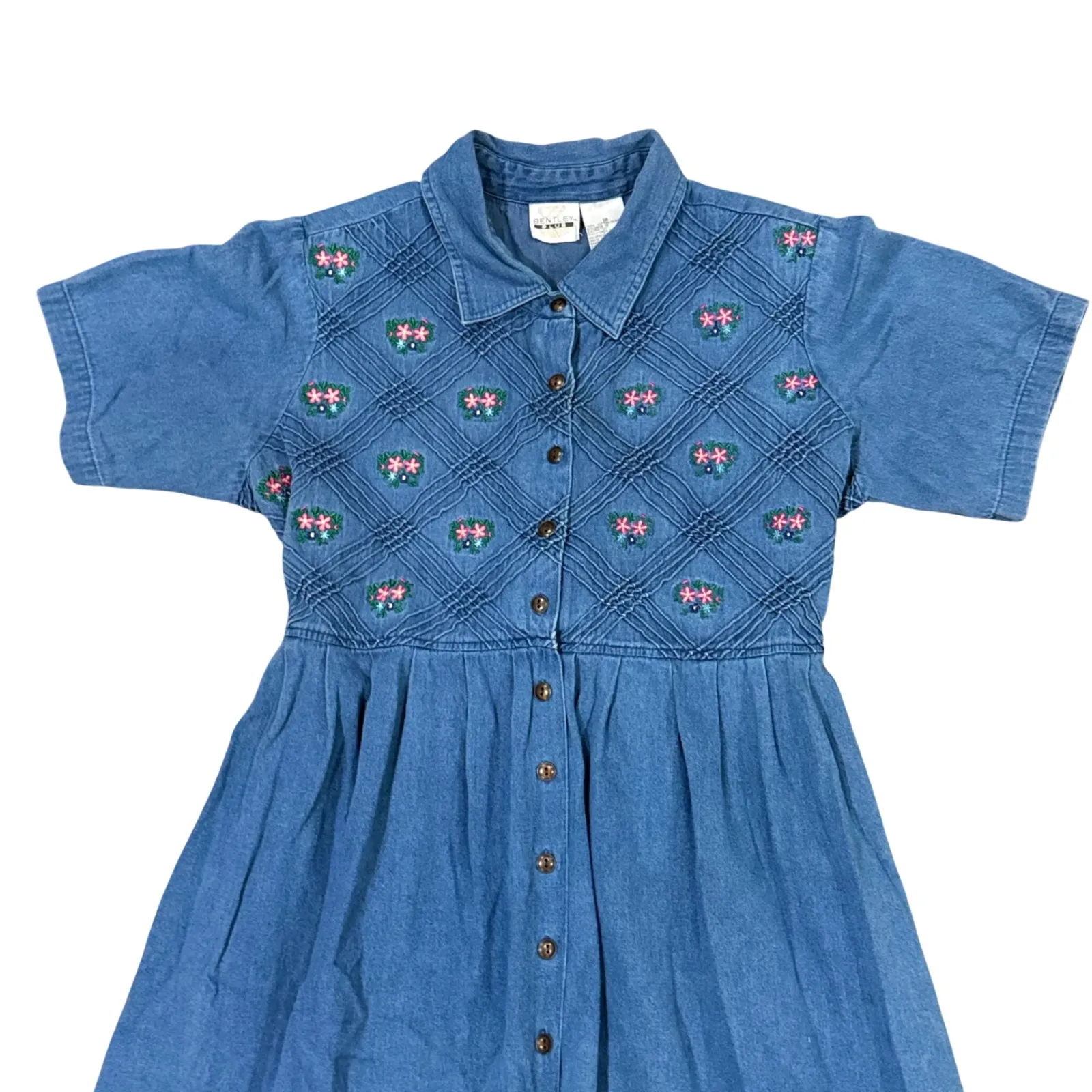 VTG 80s Bentley Plus Denim Dress Floral Short Sleeve Button Front Midi Womens 18 Blue - Image 2