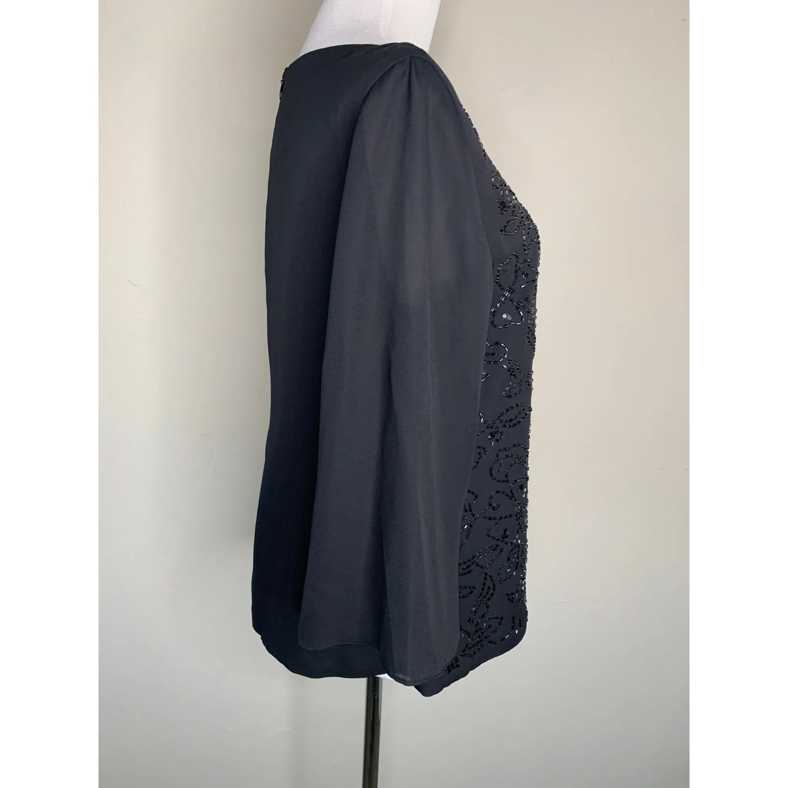 Black Beaded Blouse Formal Wedding Bell Sleeve Sz 8 - Image 4