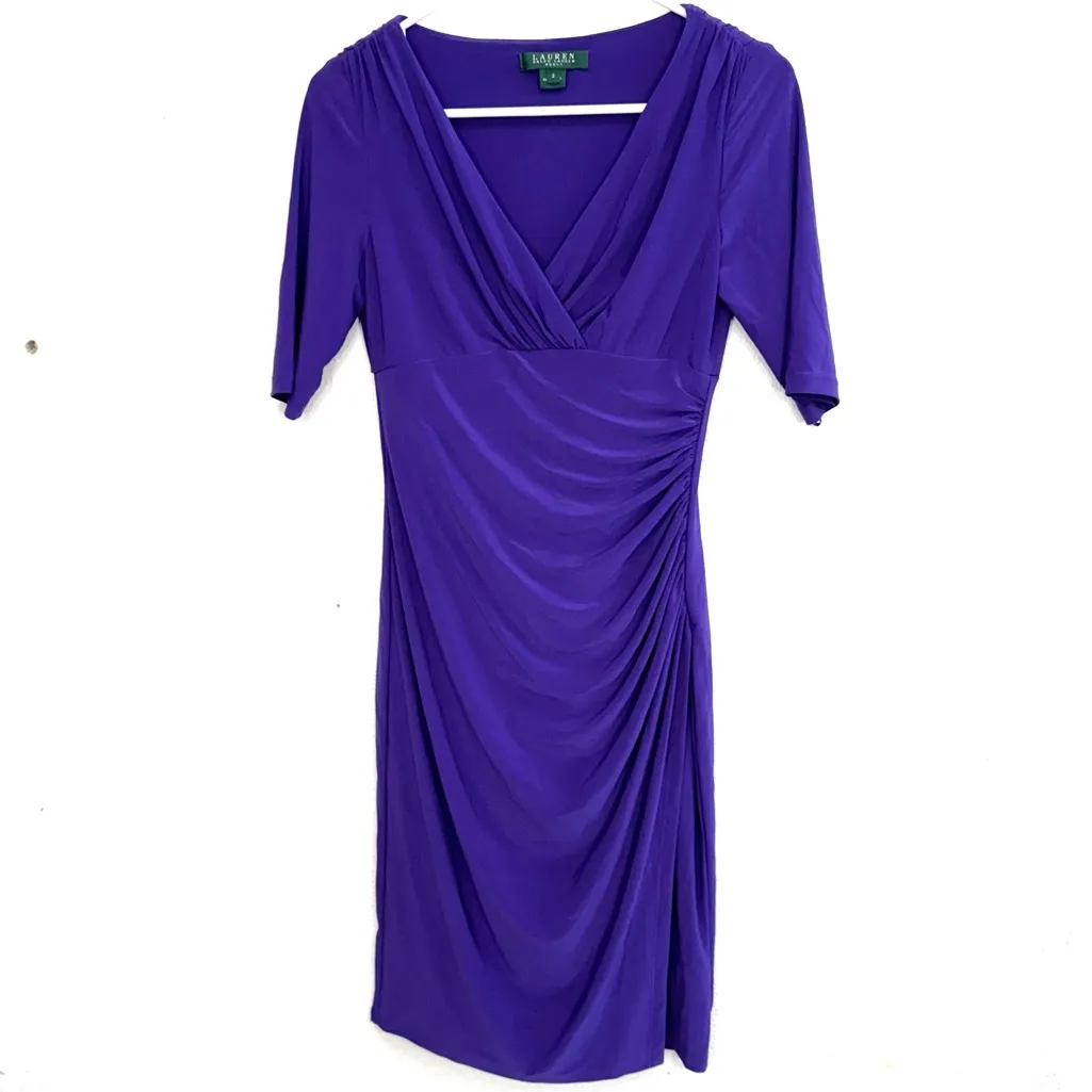 Lauren Ralph Lauren Royal Purple Ruched V-neck Dress Size 2 - Image 3