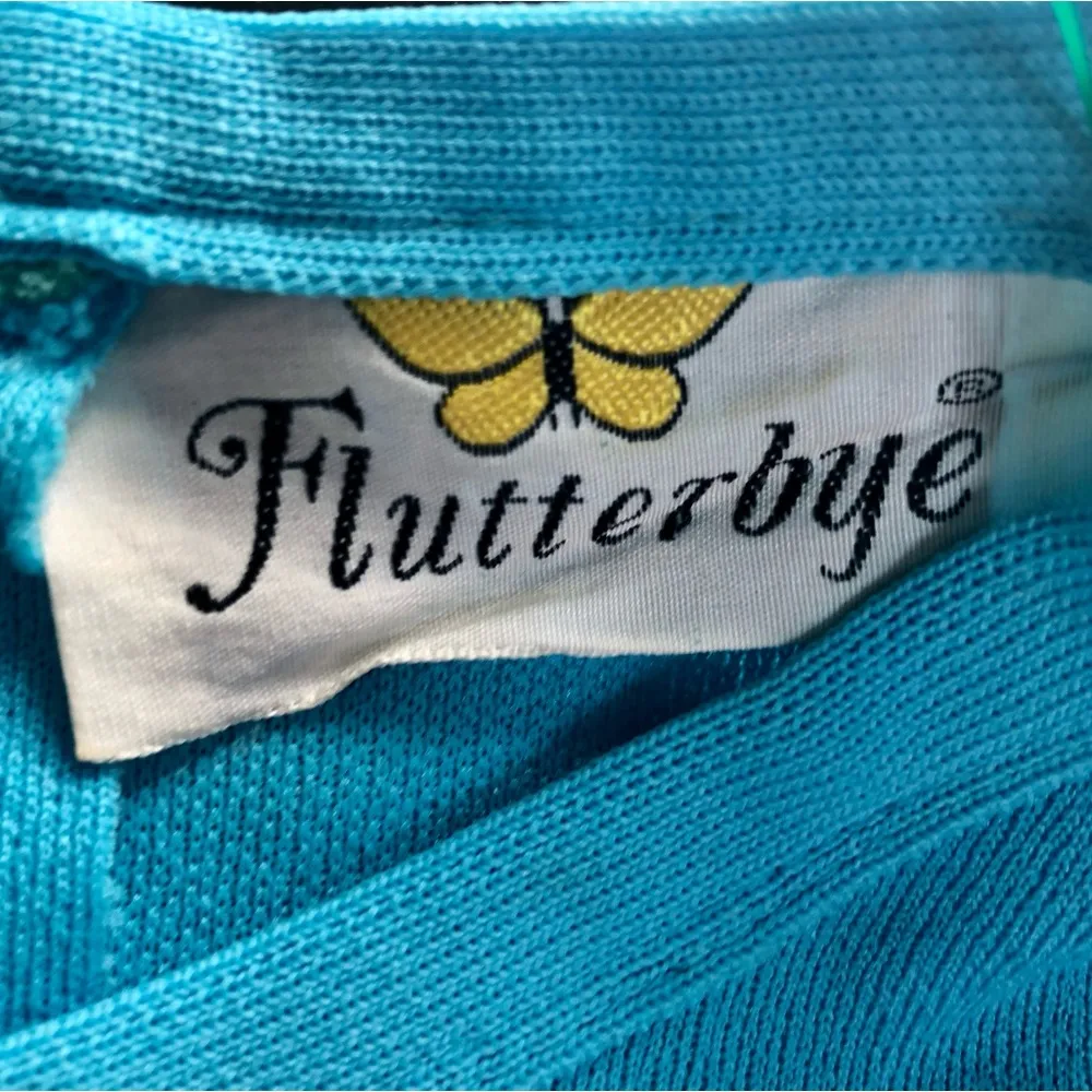 Vintage 60s 70s  Belted Midi Dress Embroidered Waist Tie Bright Blue L - Image 7