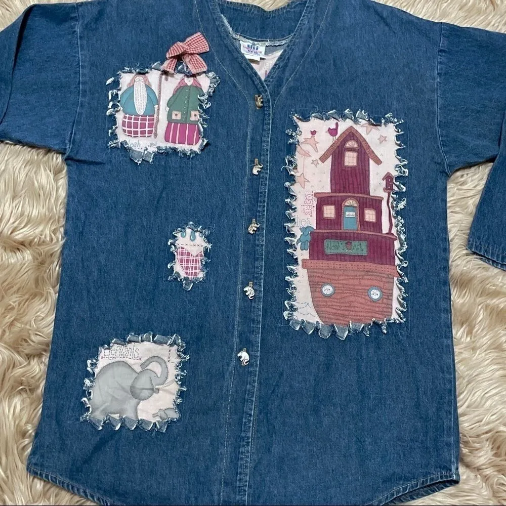 Custom OOAK vintage 90s denim Noah’s ark button down Pink Size undefined - Image 3