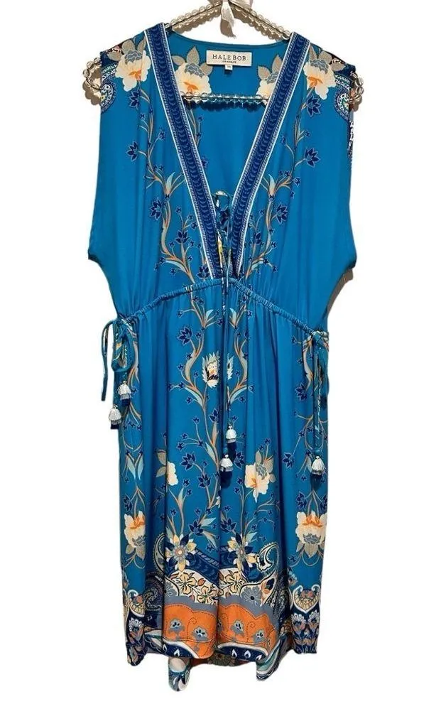 HALE BOB SLEEVELESS VNECK LACEUP FRONT TASSEL TIES CINCH SIDES BLUE PRINT DRESS - Image 2