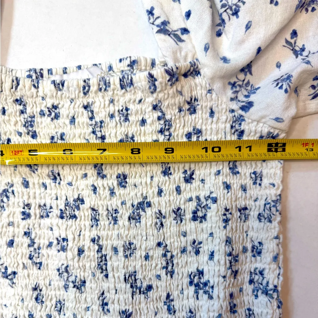 House of Harlow Linen Smocked Bodice Square Neck Floral Cottage Coquette Soft XS White - Image 13