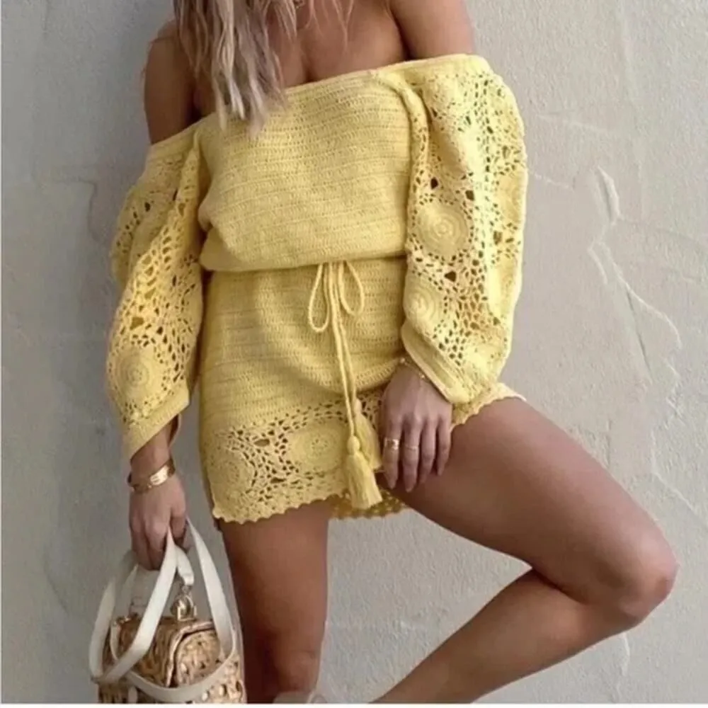 NWT Spell yellow crochet cotton mini dress Size L - Image 6