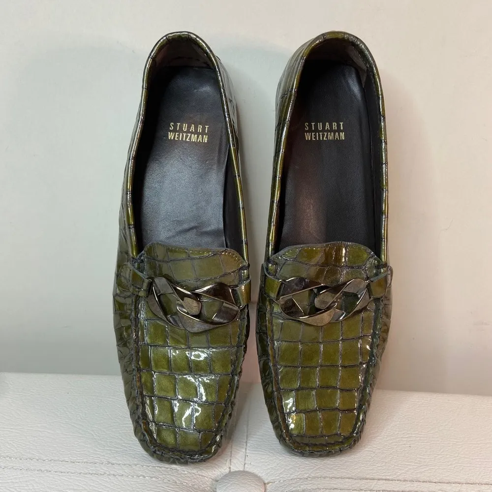 Stuart Weitzman Green Croc Embossed Loafer Driving Shoes Size 7 - Image 9