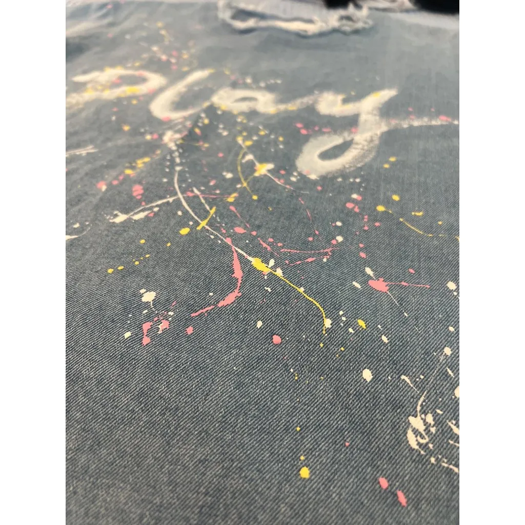 Denim Shirt Top Blouse Raw Hem Short Sleeves Play Paint Splatter The N.J Korea Blue Size undefined - Image 3