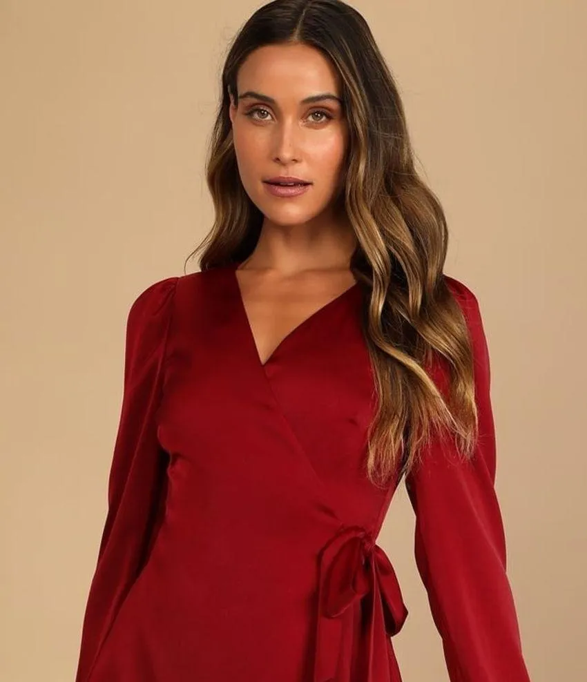 Lulu’s Festive Forever Wine Red Wrap Silky Satin Long Sleeve Short Dress - Image 2