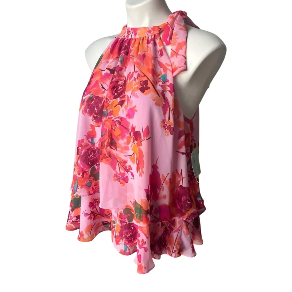 NWT, CeCe High Neck Sleeveless Side Tie Floral Print Tiered Blouse, Sz M - Image 4