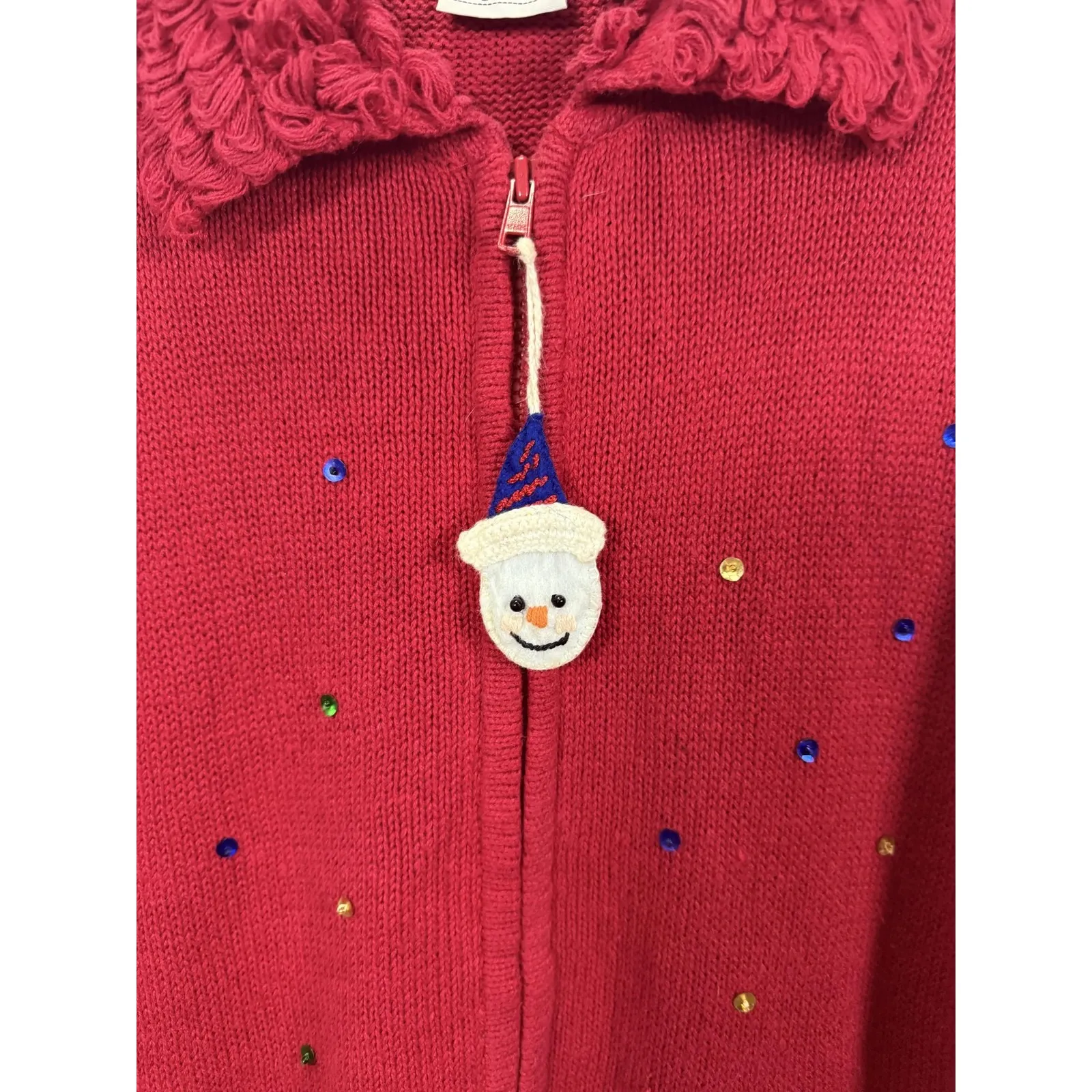 Carolina Colours Sweater Womens Medium Red Snowman Zip Front Holiday Christmas - Image 2