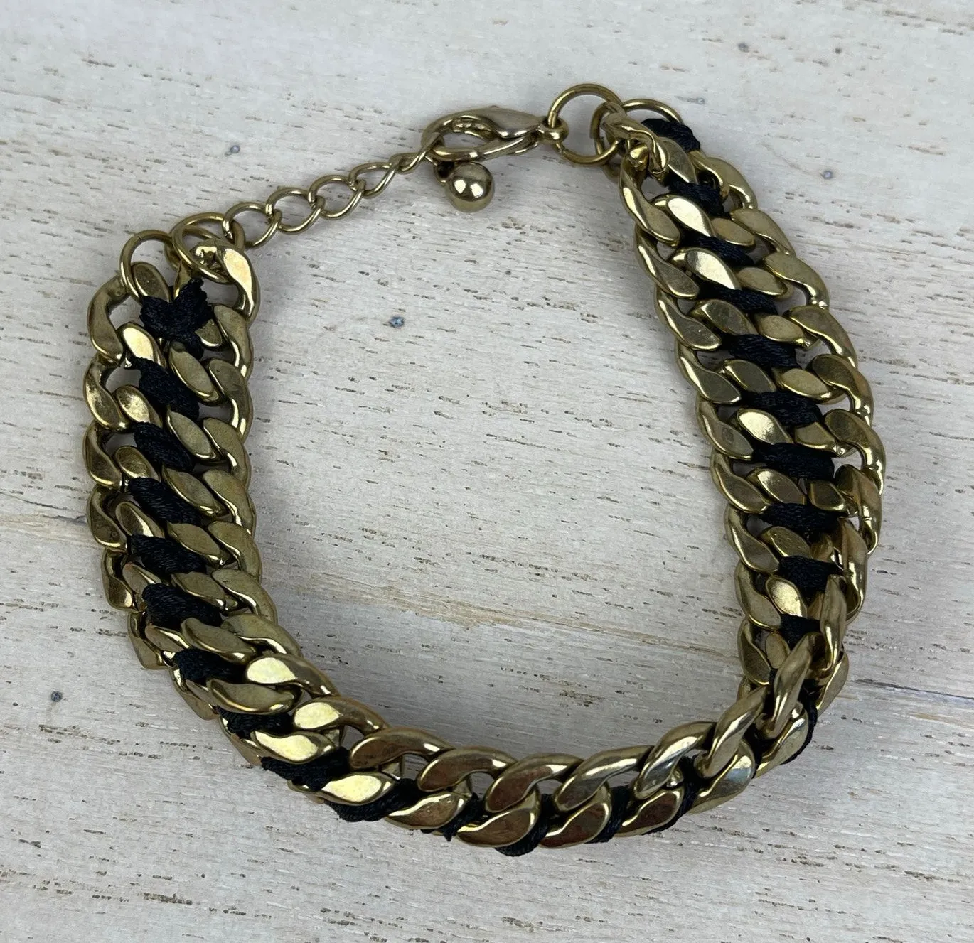Gold Tone Chain Link Bracelet Black Braided Satin Cord Adjustable NWOT - Image 1