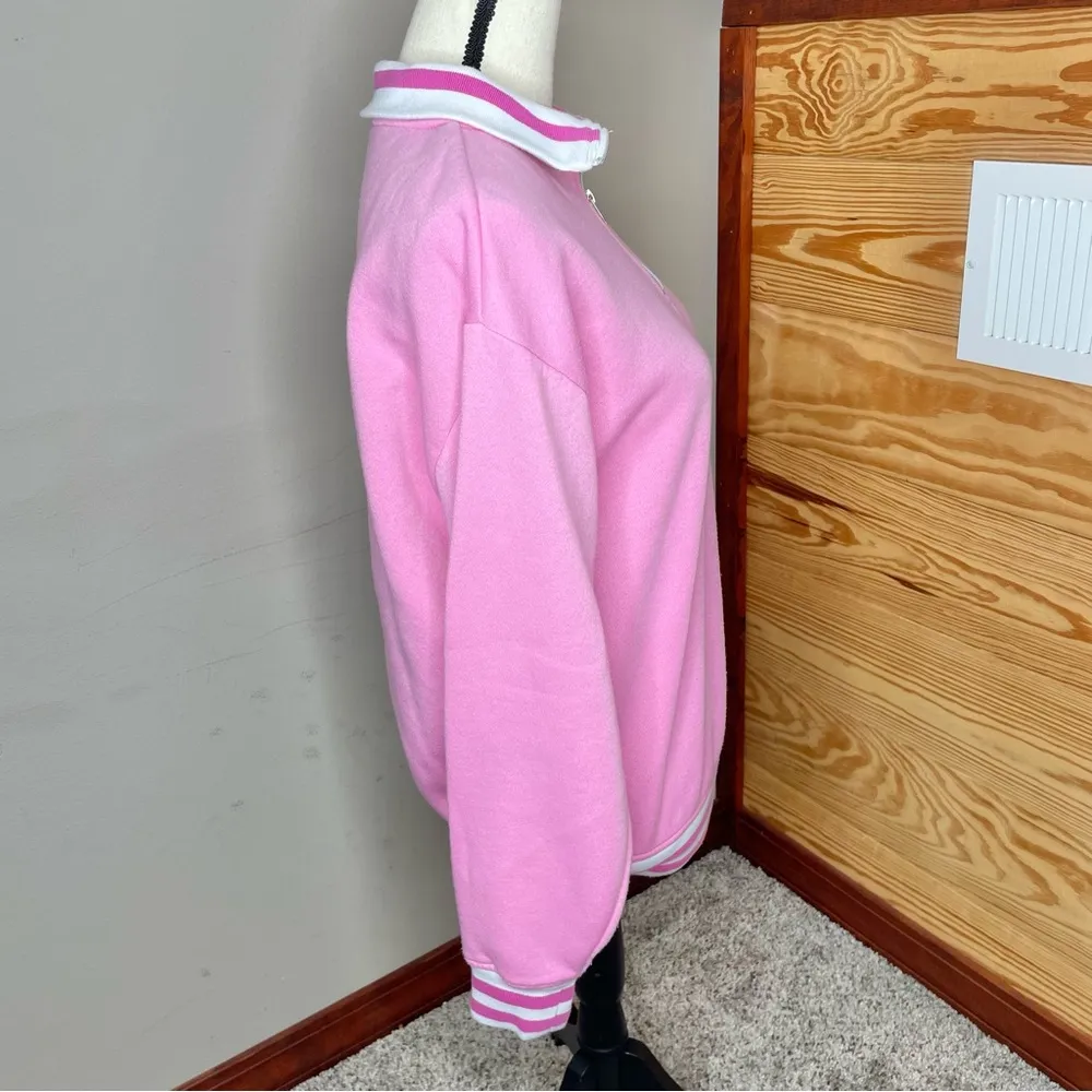 Barbie Pink Embroidered Varsity Tracksuit Fleece Quarter Zip Sweatshirt Medium - Image 2