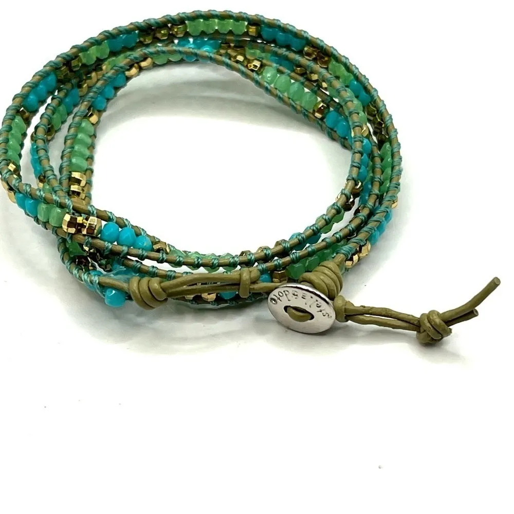 S&D Wanderlust Triple Wrap Bracelet Blue and Green Beads Tan leather Cord 22 - Image 6