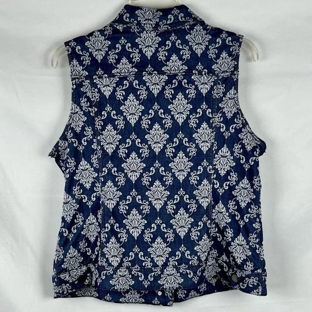 Baccini Floral Denim Style Sleeveless Button Down Collard Vest Large - Image 3