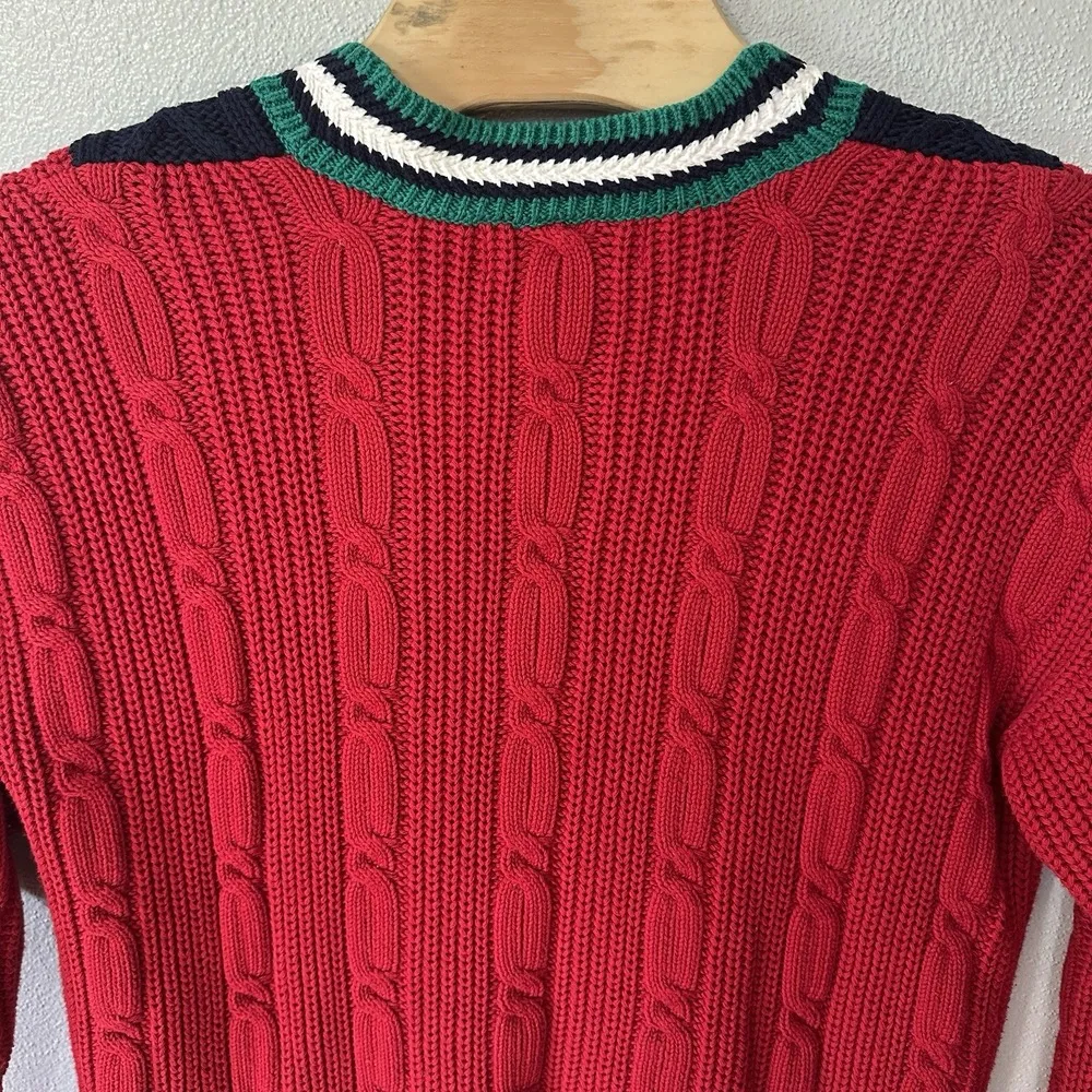 Vintage Tennis Preppy Cableknit Cardigan Sweater Red Blue Green White Size Large - Image 5