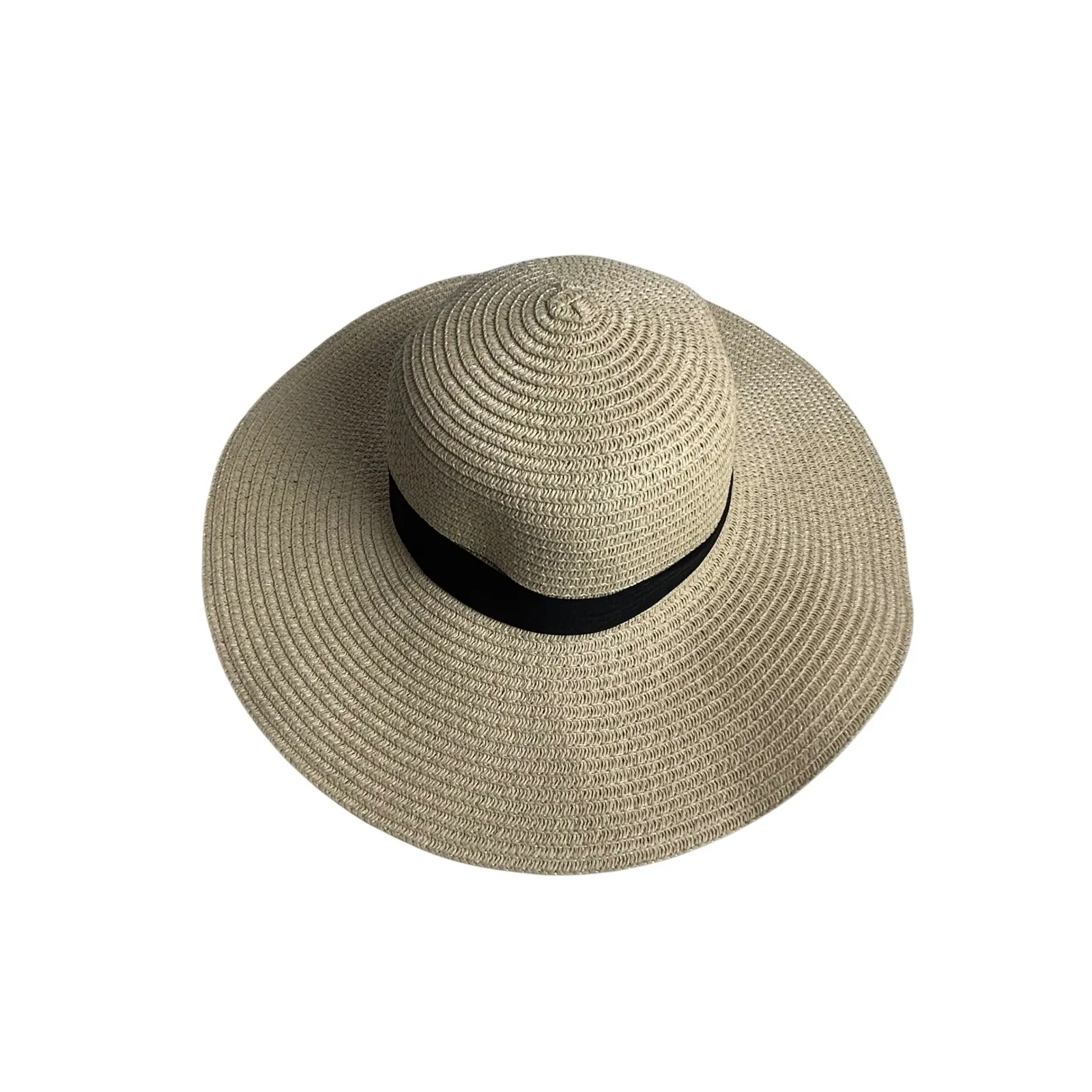 Wide Brim Straw Sun Hat Floppy Beach Vacation Fedora Black Band Tan - Image 2