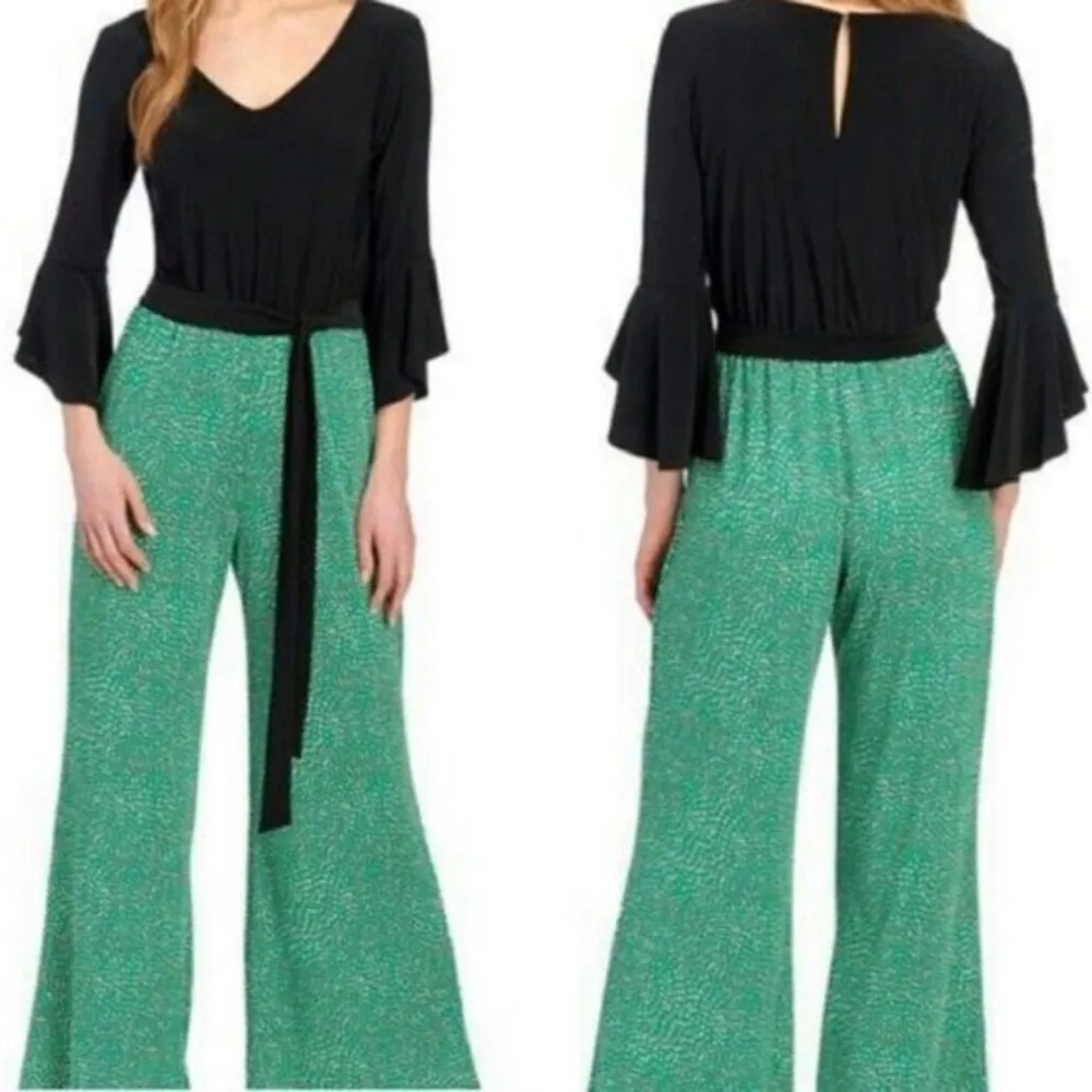 Tiana B. Wide Leg Belted Jumpsuit Black Green White, Size L - Image 7