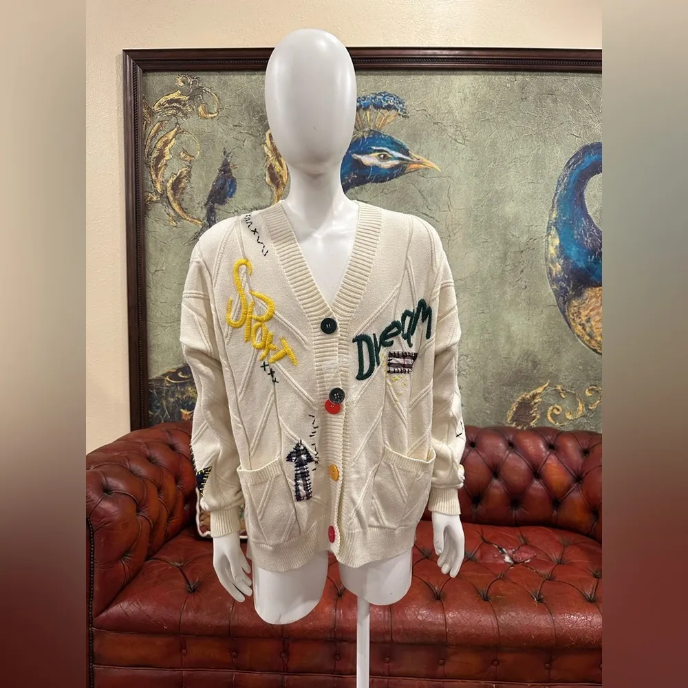 NWOT Cream Cardigan with Colorful Buttons and Embroidery Red Size L - Image 2