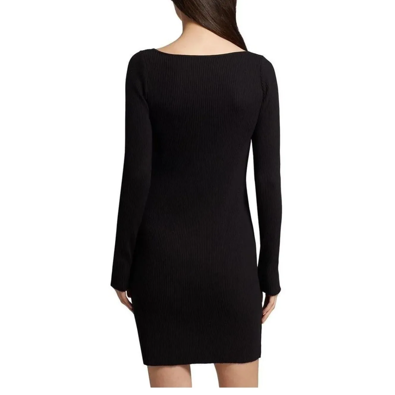 Vince Black Square Neck Knit Dress Long Sleeves Ribbed Mini Dress Size: Medium - Image 3