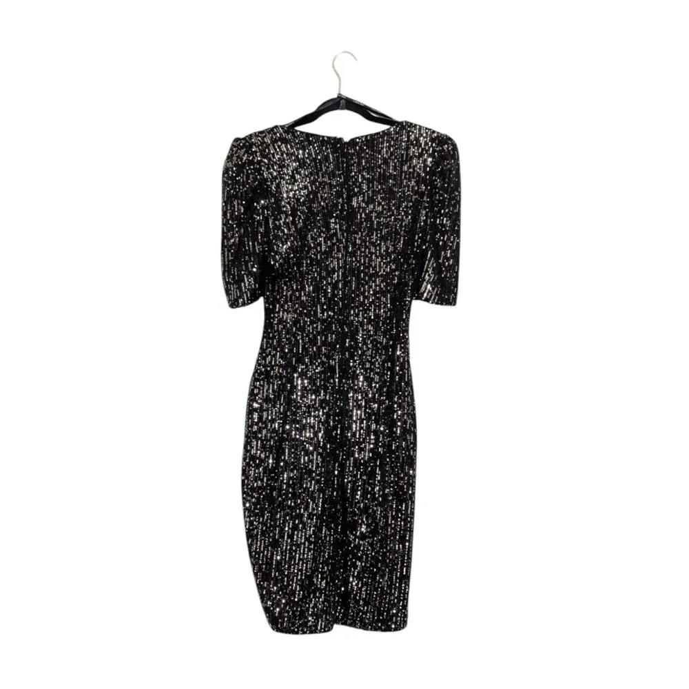 Calvin Klein Sequin Faux Wrap Dress Black Silver Side Ruched Surplice Women 6 - Image 3
