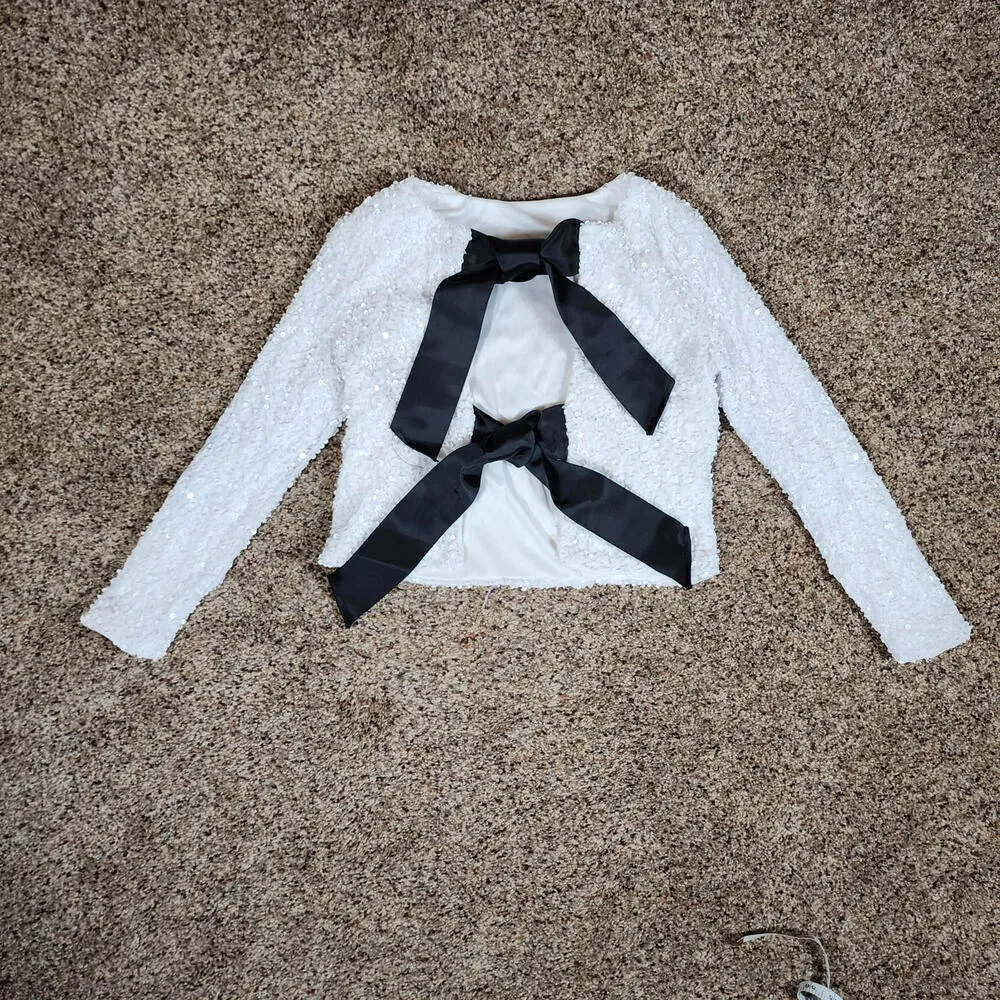 Unbranded White Sequin Crop Sweater Open Back Long Sleeve Size XS - Image 2