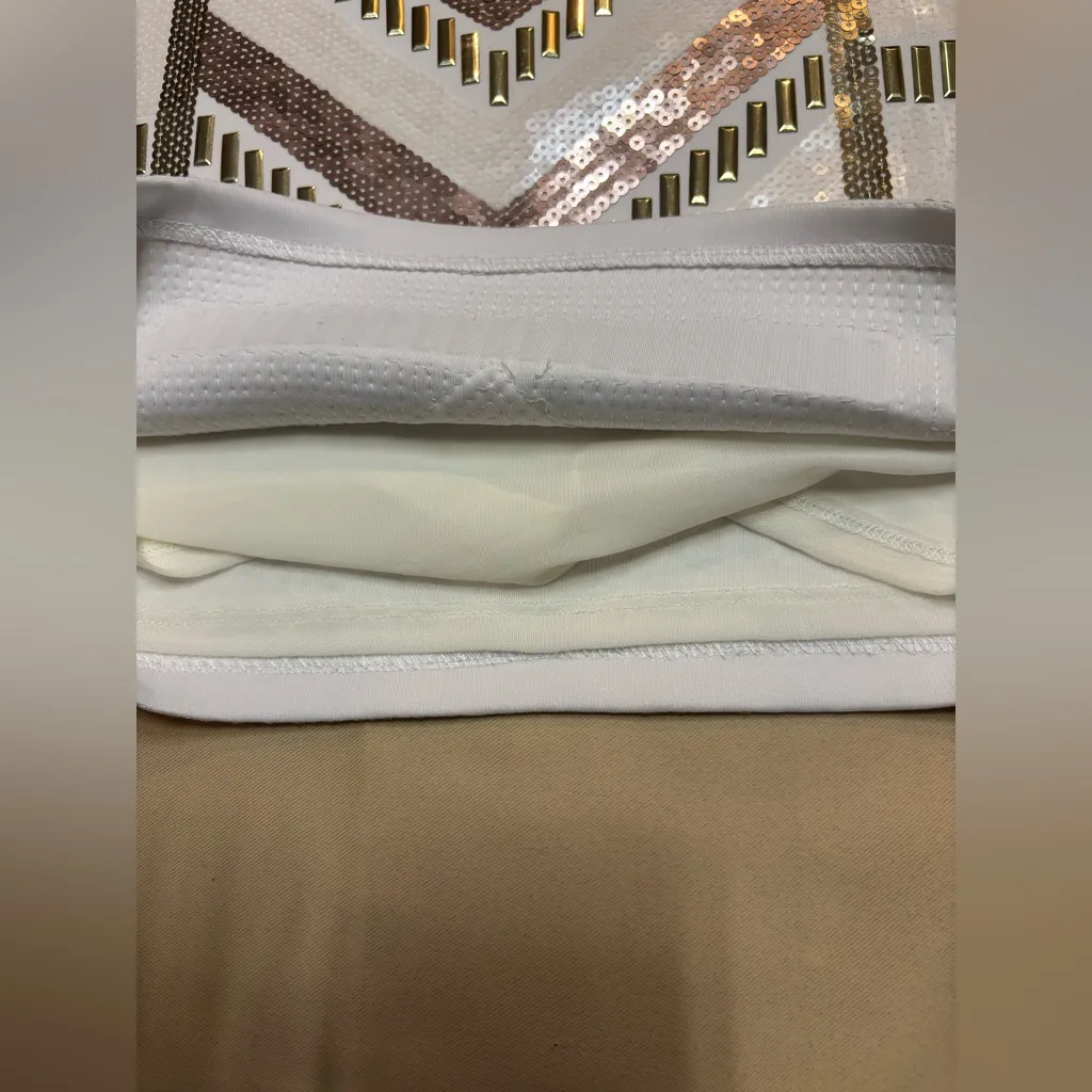 Bebe Geometric Pattern Sequin Mini Skirt Lined Size Small Petite Beige White - Image 12