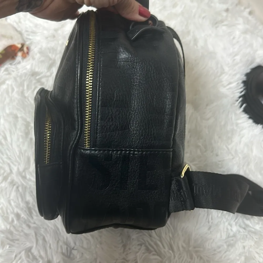 Steve Madden Mini Backpack Purse Black Embossed Leather Logo - Image 4