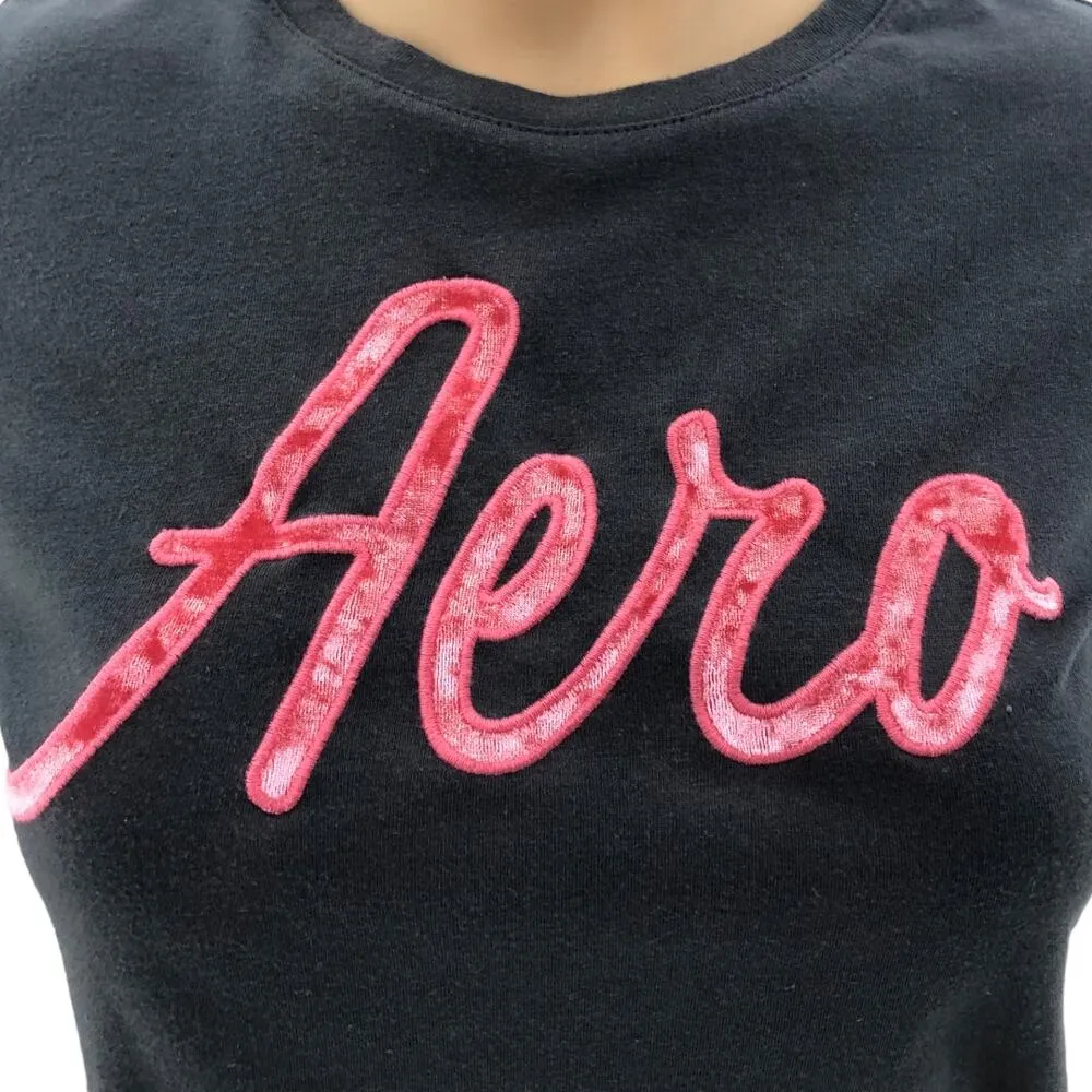 Aeropostale MEDIUM Gray Velvet Cursive Spellout Short Sleeve Tee Shirt  T-SHIRT - Image 2