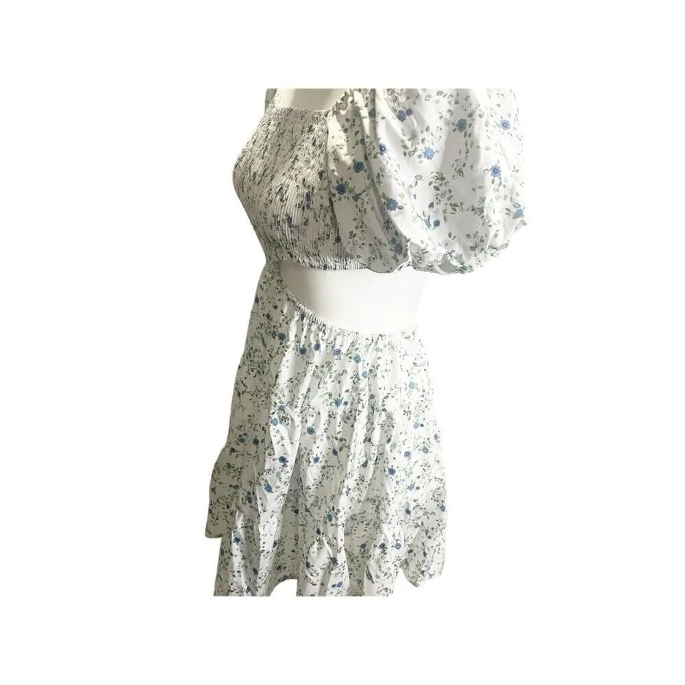 Shein Women's Floral Print Backless Mini Short Dress White Green Puff Sleeve S - Image 4