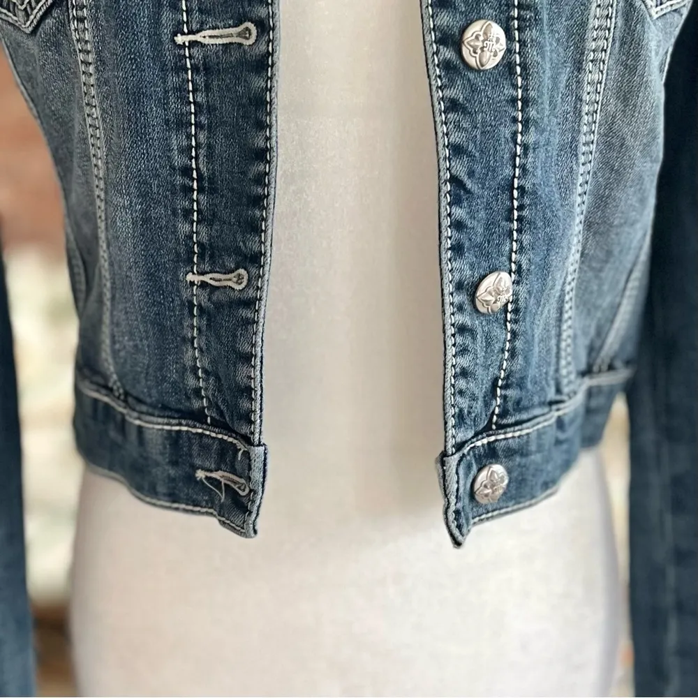 Miss Me Embellished Rhinestone Denim Blue Jacket S Distressed Stud Cropped Mod - Image 6